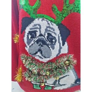 Absolutely Famous Pug Ugly Christmas Sweater Women’s Large Red Sequin 3D Bells